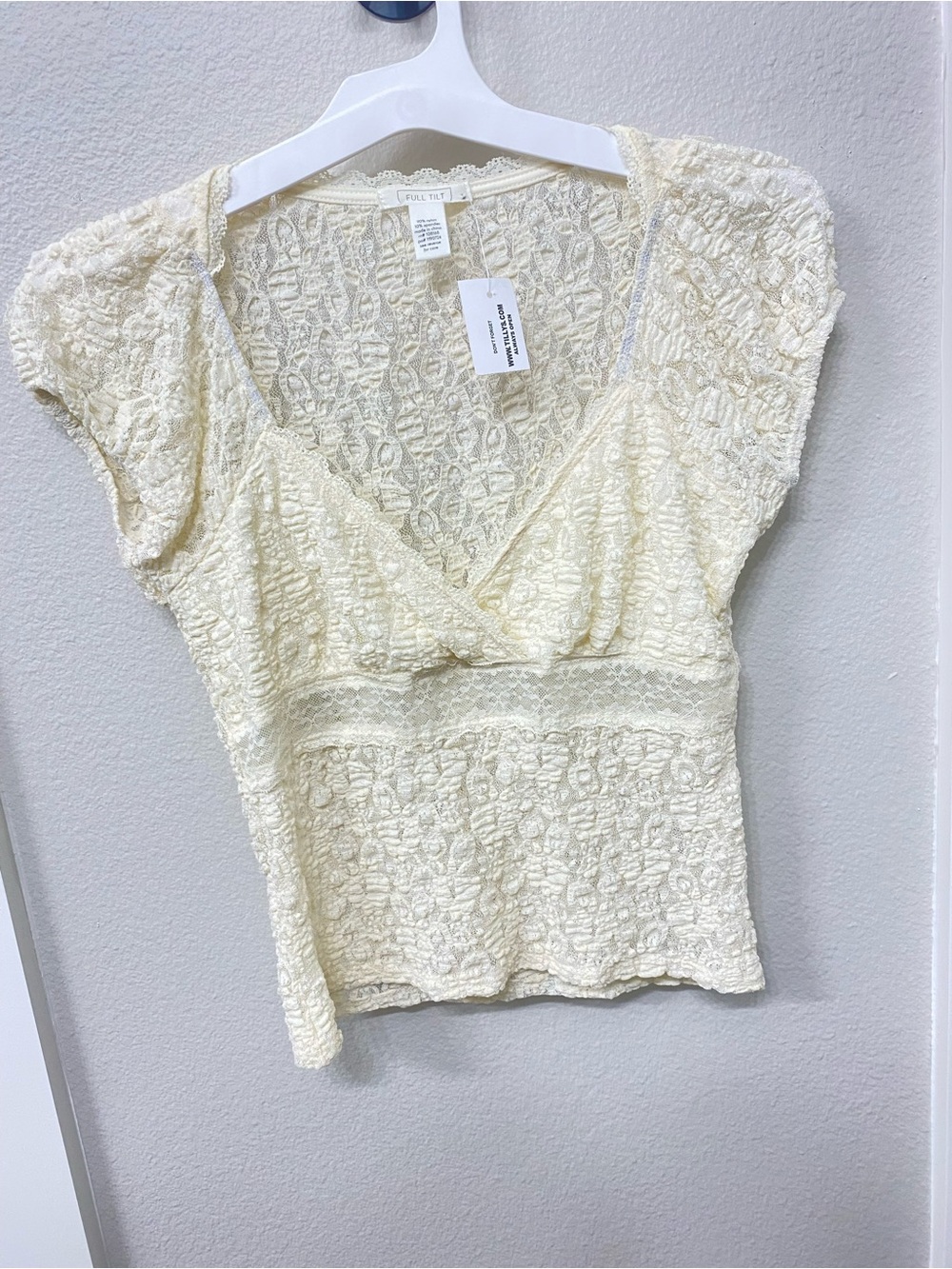 Full Tilt Cream Lace V-Neck Short Sleeve Blouse